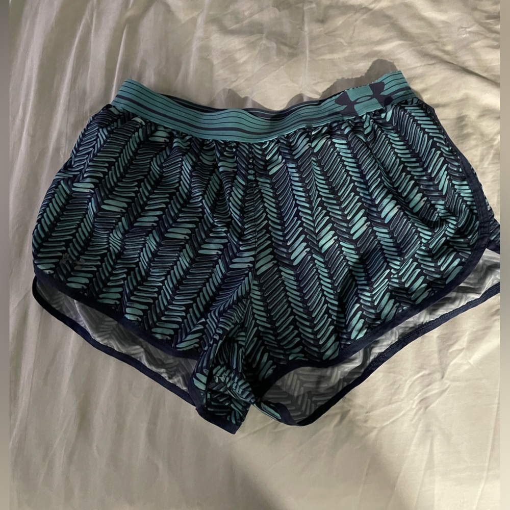 Blue and Teal Patterned women’s under armor running shorts with underwear built